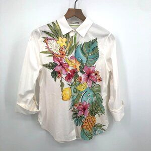 Chico's Blouse Women 0 Us 4 White Button Up Tropical Floral Island 3/4 Sleeve Bo